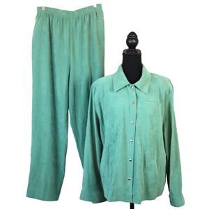 Vintage Y2K Green Microsuede Elastic Pant Suit Set Embroidered Button Down